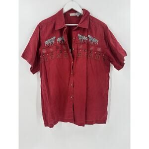 Cabin Creek Vintage Button Down Shirt Womens 1X Red Linen Cotton Safari Zebra